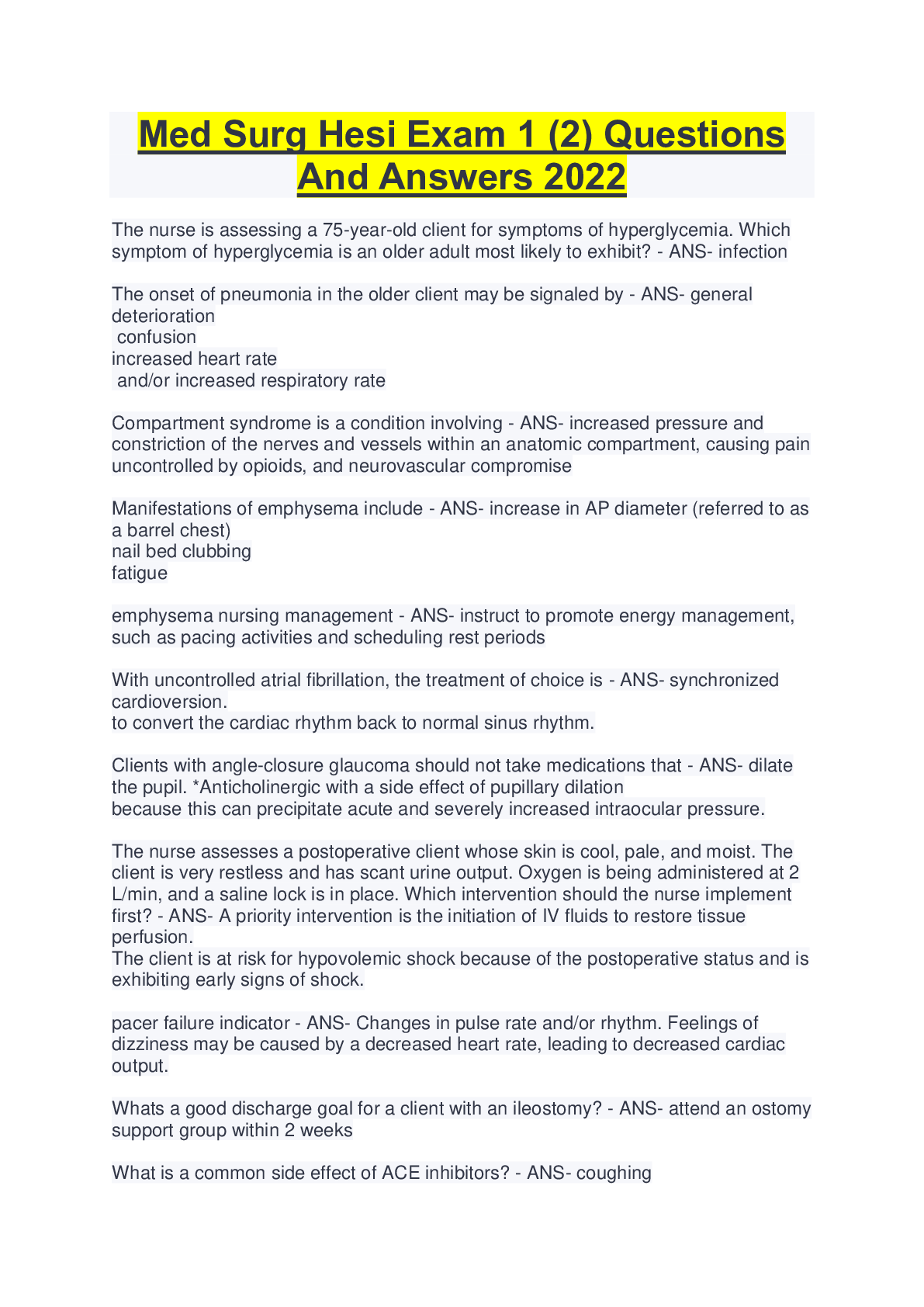 Preview image for Med Surg Hesi Exam 1 (2) Questions  And Answers 2022